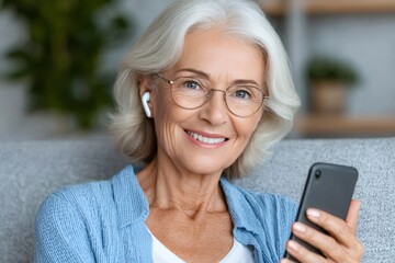 Senior woman smiling while using wireless earbuds and smartphone