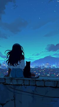 Una joven contempla la ciudad iluminada desde lo alto de un muro, acompa&ntilde;ada de su gato.