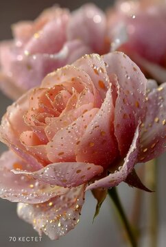 Primer plano de una rosa rosada con destellos dorados.