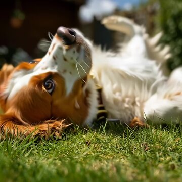 Dos perros juguetones se enzarzan en una divertida pelea en el c&eacute;sped.
