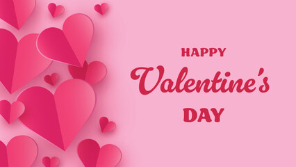 Happy Valentine&rsquo;s Day greeting card with flying paper cut hearts. Vector illustration