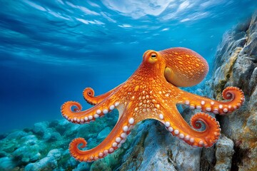Orange octopus swimming underwater near rock formation
