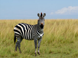 Close-up of a single zebra standing in the tall golden grass of the African savanna, looking directly at the viewer.