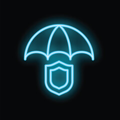 Neon blue umbrella protecting shield icon, concept of security and safety