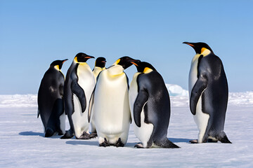 A group of Emperor Penguins standing on ice in Antarctica under a clear blue sky, illustrating polar wildlife in a cold environment.