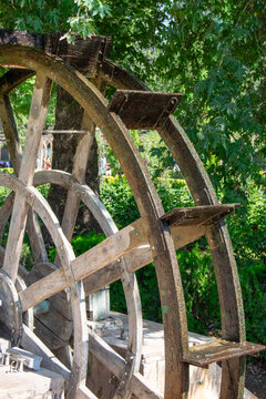Ancient wooden water wheel under green foliage