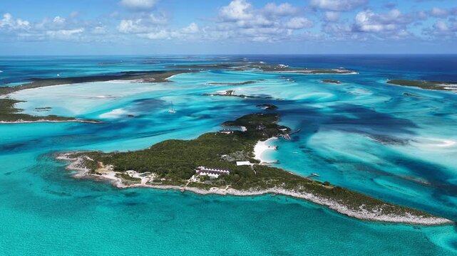 Exuma Skyline At Exuma Islands In Black Point Bahamas. Beach Landscape. Shades Of Blue Watercolor. Travel Destination. Exuma Skyline In Exuma Islands In Black Point Bahamas. Nature Seascape.