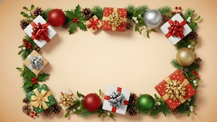Christmas Border with Gift Boxes, Ornaments, Holly Leaves, and Pinecones on Beige Background
