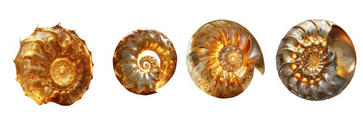 Four fossilized ammonites showcasing intricate spiral patterns and natural textures isolated on transparent background