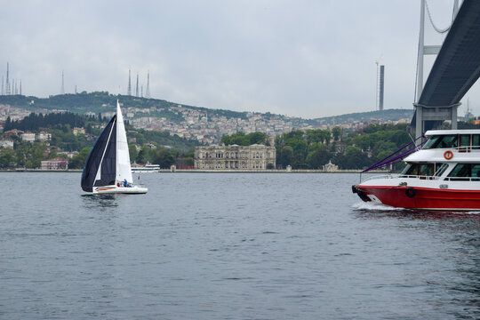 Sailboats on the Bosphorus under the bridge in Istanbul