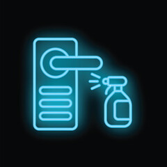 Bright glowing blue neon icon of a spray bottle sanitizing a door handle, promoting hygiene and cleanliness