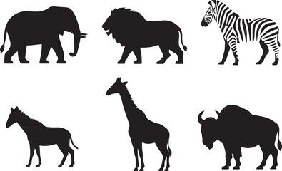 Fototapeta premium Set of animals vector illustrations, isolated black and white silhouettes or black wildlife icons, minimal design collection for nature, wildlife, and educational use