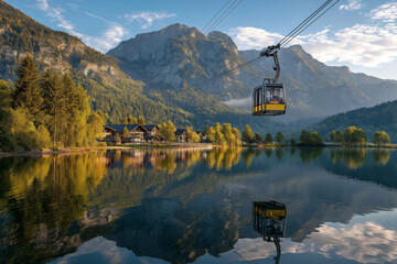 Cable car passing above a calm lake reflecting mountains and cabins, morning golden hour