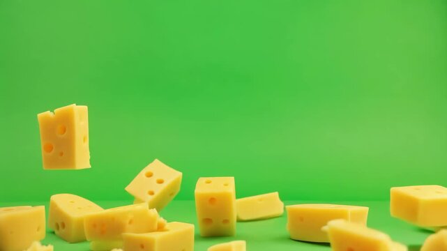 Cheese slices falling on green screen background