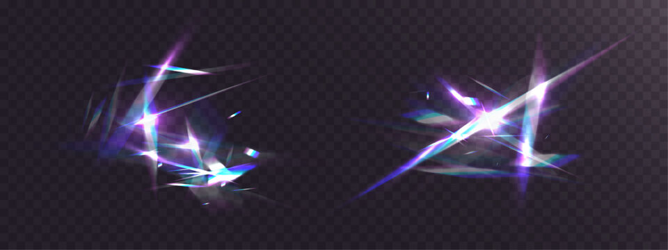 Crystal light leak with iridescent prism streaks, neon rainbow glare and holographic reflections. Shimmering crystal shards and radiant lens flares create a vibrant futuristic abstract overlay.