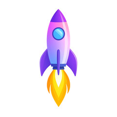 Cartoon Rocket Ship Launching with Flames on Black Background Illustration