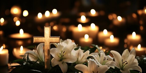 Golden cross with white lilies and burning candles