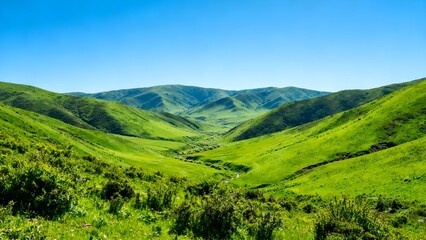 Fototapeta premium Lush green valley and rolling hills under a clear blue sky in malaysia