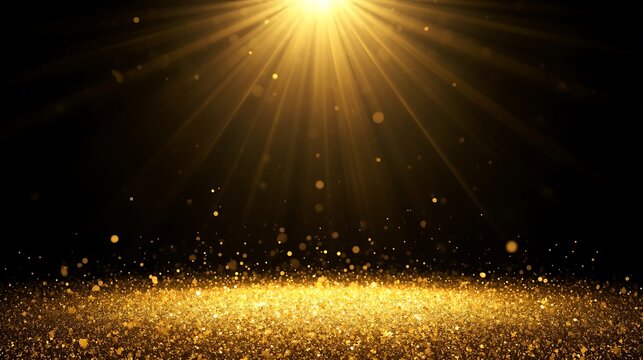 Golden light beams shining down on a field of sparkling golden glitter against a dark background empty space