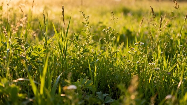 Lush green meadow with wild grasses bathed in warm sunlight - Powered by Adobe