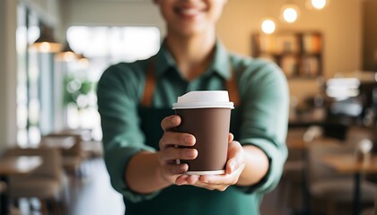 Barista Handing Out Takeaway Coffee Cup in a Bright Cafe