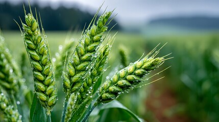 Naklejka premium Green wheat growing in agricultural field with rain droplets