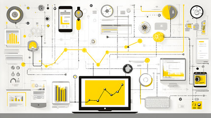 Abstract Data Visualization: Yellow and Gray Digital Network with Laptop and Devices