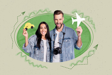 Banner collage of people hold paper plane automobile stand in circle shape over green color background