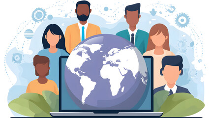 Diverse Team Around a Laptop Displaying Global Map, Collaboration Concept