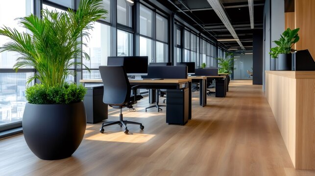 Empty modern open plan office interior with green plants
