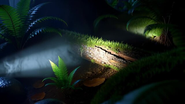 Cinematic flashlight beam illuminating mossy ferns and leaves on a dark forest floor in a misty 3D animation, visualizing concepts of search and mystery