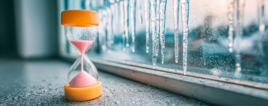 Hourglass with pink sand timing passing moments on a frosty windowsill, depicting freezing weather and fleeting time