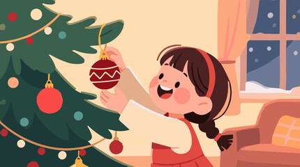 Girl decorating Christmas tree with ornaments in cozy living room  