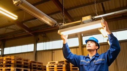 Technician installing LED retrofit lighting in a large warehouse highlighting energyefficient upgrades and improved illumination.