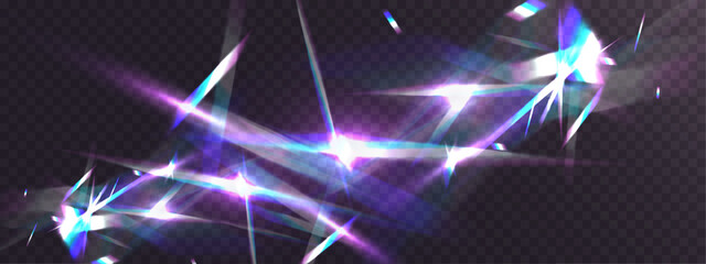 Crystal light leak with iridescent prism streaks, neon rainbow glare and holographic reflections. Shimmering crystal shards and radiant lens flares create a vibrant futuristic abstract overlay.