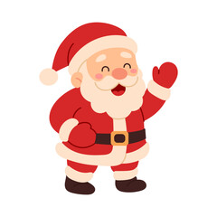 A cartoonish santa standing on a white background with a red hat and red coat. He is waving and smiling