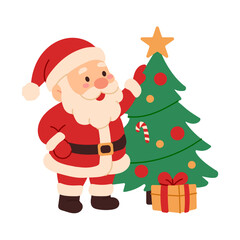 A cartoon image of Santa Claus standing in front of a Christmas tree. He is reaching for a star on top of the tree