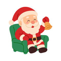 A cartoon of Santa Claus sitting in a green chair with a bell in his hand. The image has a cheerful and festive mood, as it is a representation of the holiday season