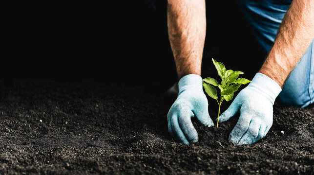 Gardener hands gently planting a young green sprout in rich dark soil, symbolizing new beginnings, care, and environmental sustainability - Powered by Adobe