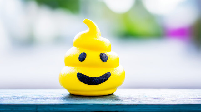 Yellow poop emoji figurine with a smiling face resting on a blue surface, representing joy, communication, and digital expression