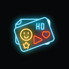 Neon sign of two tickets for watching movie in high definition quality with bonus content on dark background