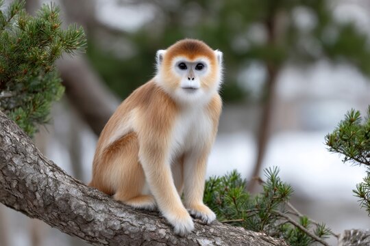 Golden snub nosed monkey sitting on a tree branch