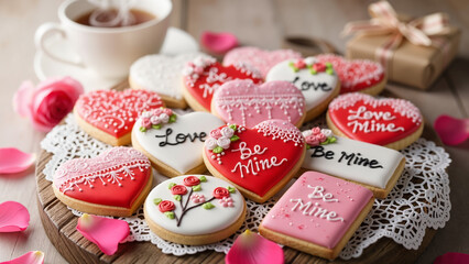 Valentine's Day heart-shaped cookies with tea and gift box