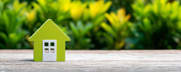Green house model presenting concepts of eco friendly housing, real estate, energy efficiency, and home ownership against a natural background