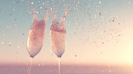 Flutes creating a dynamic splash of bubbly rose liquid, surrounded by falling glitter, symbolizing joy, achievement, and party