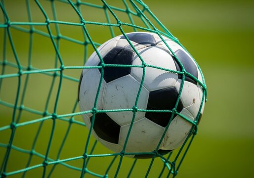 Soccer Ball Caught in Goal Net Close-Up