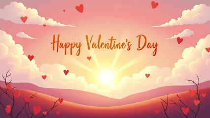 Happy Valentines Day text on mountain sunset landscape with floating hearts and bare trees. Animated love greeting card.