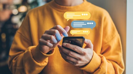 Texting on phone with speech bubbles for social media communication
