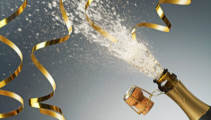 Champagne bottle explodes, spraying bubbly liquid, with golden streamers swirling nearby, celebrating.