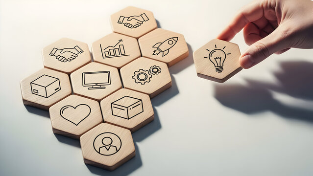 "Idea Generation & Collaborative Innovation: Hexagonal Icon Blocks Triggering Creativity"

